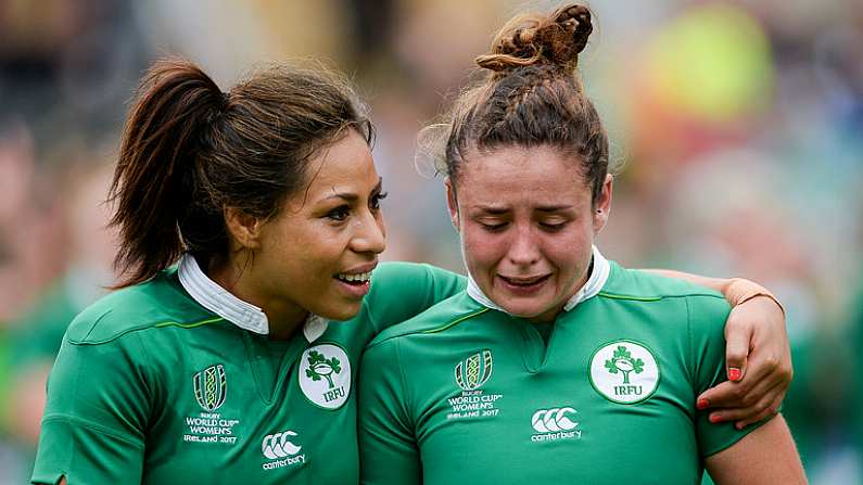 26 August 2017; An emotional Sene Naoupu, left, and Larissa Muldoon of Ireland after the 2017 Women's Rugby World Cup, 7th Place Play-Off between Ireland and Wales at Kingspan Stadium in Belfast. Photo by Oliver McVeigh/Sportsfile