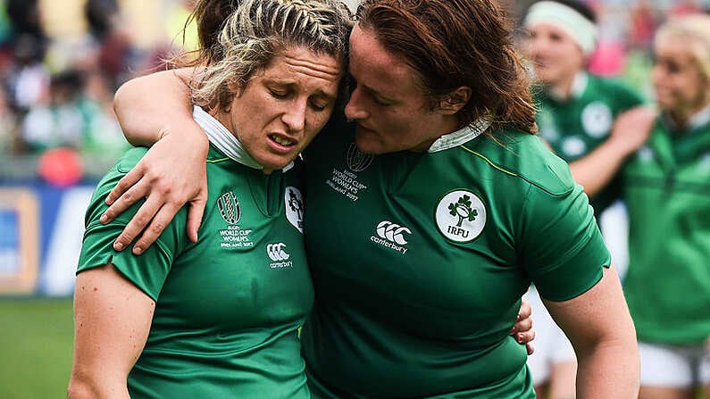 22 August 2017; A disappointed Alison Miller, left, and Ailis Egan of Ireland after the 2017 Women's Rugby World Cup 5th Place Semi-Final match between Ireland and Australia at Kingspan Stadium in Belfast. Photo by Oliver McVeigh/Sportsfile