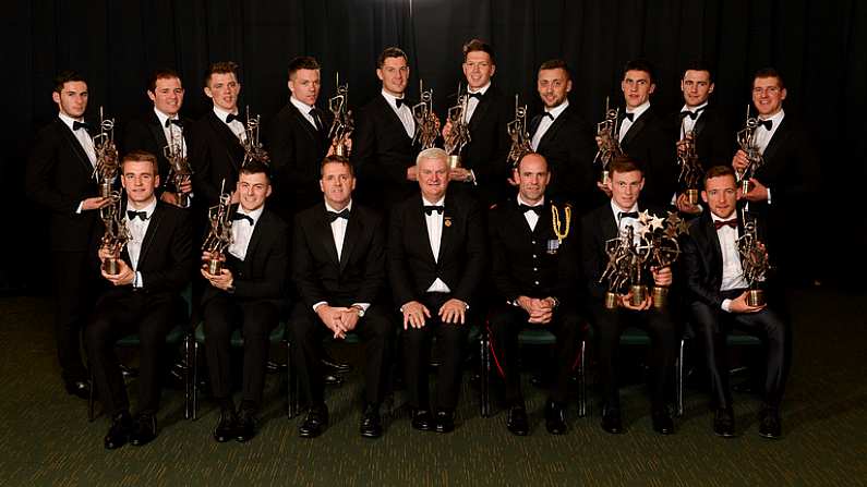 4 November 2016; Dave Sheeran, Managing Director, Opel Ireland, Uachtaran Chumann Luthchleas Gael Aogan O Fearghail, Dermot Earley, GPA President, with the 2016 All-Star Hurling team, back row, from left, Cathal Barrett, Tipperary, Padraig Walsh, Kilkenny, Ronan Maher, Tipperary, Padraic Maher, Tipperary, Seamus Callanan, Tipperary, Walter Walsh, Kilkenny, James Barry, Tipperary, Daithi Burke, Galway, David Burke, Galway, Eoin Murphy, Kilkenny. Front row, from left, John McGrath, Tipperary, Jamie Barron, Waterford, Austin Gleeson, Waterford, Richie Hogan, Kilkenny at the 2016 GAA/GPA Opel All-Stars Awards at the Convention Centre in Dublin. Photo by Seb Daly/Sportsfile