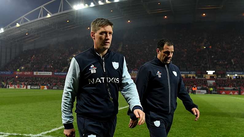 21 January 2017; Racing 92 coaches Ronan O'Gara, left, and Laurent Labit ahead of the European Rugby Champions Cup Pool 1 Round 6 match between Munster and Racing Metro 92 at Thomond Park in Limerick.  Photo by Brendan Moran/Sportsfile