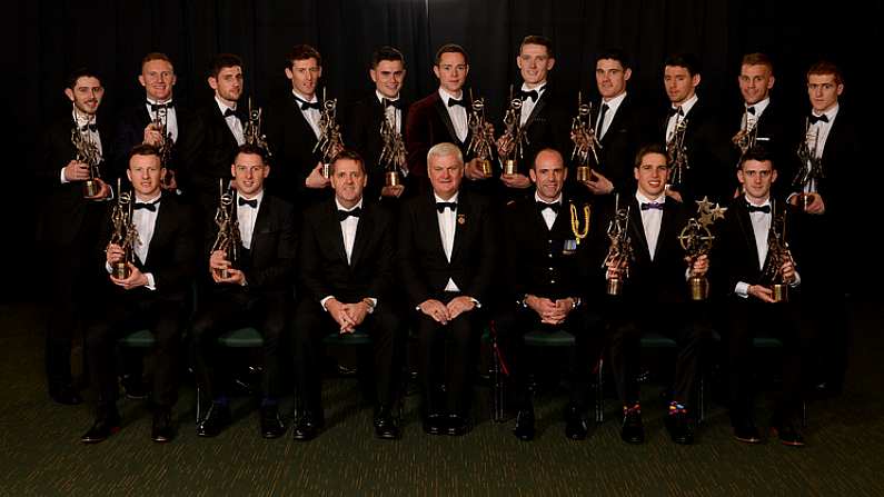 4 November 2016; Dave Sheeran, Managing Director, Opel Ireland, Uachtaran Chumann Luthchleas Gael Aogan O Fearghail, Dermot Earley, GPA President, with the 2016 All-Star Football team, back row, from left, Ryan McHugh, Donegal, Ciaran Kilkenny, Dublin, Paul Geaney, Kerry, David Clarke, Mayo, Michael Quinlivan, Tipperary, Dean Rock, Dublin, Brian Fenton, Dublin, Diarmuid Connolly, Dublin, Mattie Donnelly, Tyrone, Jonny Cooper, Dublin and Peter Harte, Tyrone. Front row, from left, Colm Boyle, Mayo, Philly McMahon, Dublin, Lee Keegan, Mayo, and Brendan Harrison, Mayo, at the 2016 GAA/GPA Opel All-Stars Awards at the Convention Centre in Dublin. Photo by Seb Daly/Sportsfile