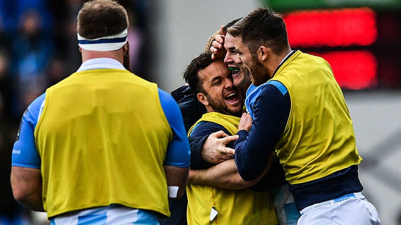 21 October 2017; Jonathan Sexton of Leinster celebrates with teammates after scoring his side's third try during the European Rugby Champions Cup Pool 3 Round 2 match between Glasgow Warriors and Leinster at Scotstoun in Glasgow, Scotland. Photo by Ramsey Cardy/Sportsfile