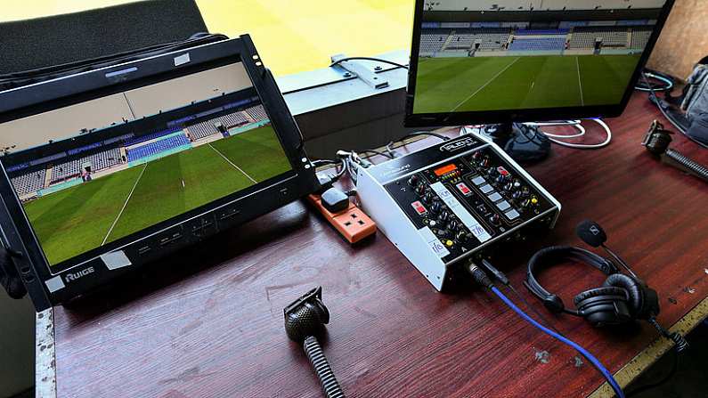 26 March 2017; TV commentary position, with monitors and a lip mic, before the Allianz Hurling League Division 1A Round 5 match between Dublin and Kilkenny at Parnell Park in Dublin. Photo by Brendan Moran/Sportsfile