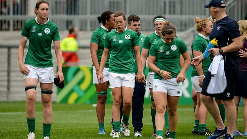 26 August 2017; Dejected Ireland players after the 2017 Women's Rugby World Cup, 7th Place Play-Off between Ireland and Wales at Kingspan Stadium in Belfast. Photo by Oliver McVeigh/Sportsfile