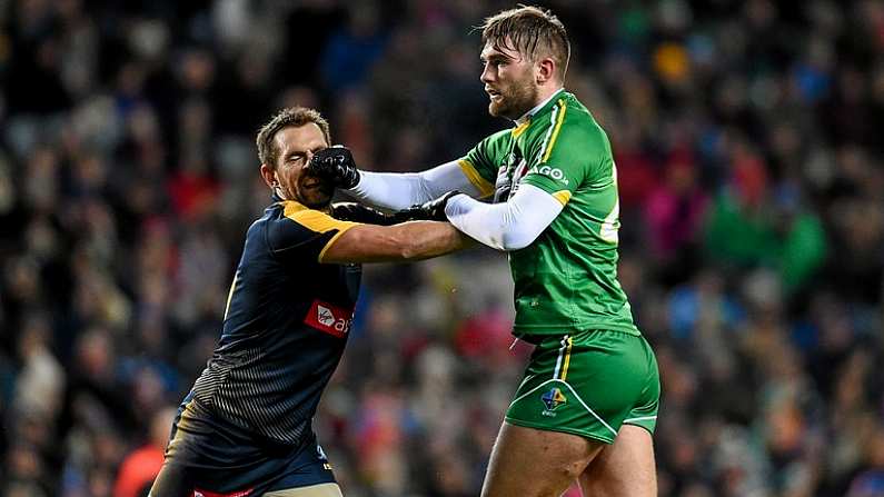 21 November 2015; Aidan O'Shea, Ireland, in action against Luke Hodge, Australia. EirGrid International Rules Test 2015, Ireland v Australia. Croke Park, Dublin. Picture credit: Paul Mohan / SPORTSFILE