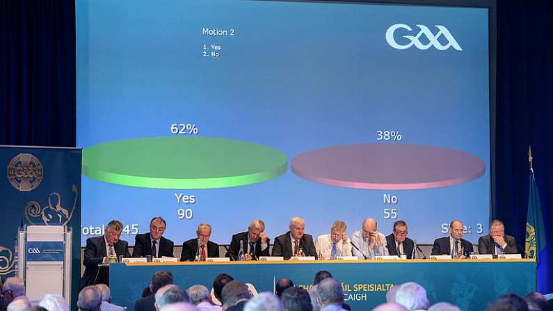 30 September 2017; A general view of the result of Motion 2, a change to the Hurling Championship format between 2018 and 2020, which was passed during a GAA Special Congress at Croke Park in Dublin. Photo by Piaras O Midheach/Sportsfile