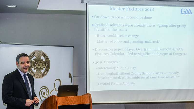 31 October 2017; Feargal McGill, GAA director of club player and games development, speaking during the GAA Fixtures Master Plan 2018 announcement at Croke Park, in Dublin. Photo by Eoin Noonan/Sportsfile