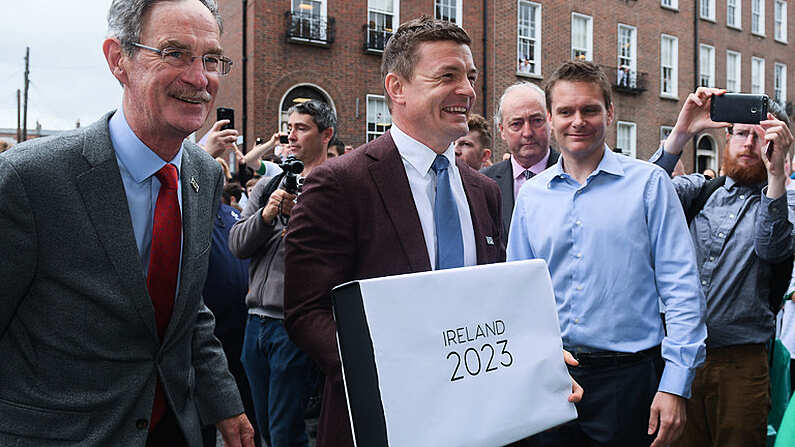 1 June 2017; Oversight Board member Dick Spring, left, and bid ambassador Brian ODriscoll arrive to hand in the IRFU Rugby bid submission for the 2023 Rugby World Cup to Brett Gosper, CEO, World Rugby and Alan Gilpin, Head of Rugby World Cup, on June 1, 2017 in Dublin, Ireland. Photo by Sam Barnes/Sportsfile