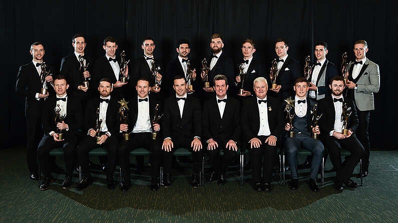 3 November 2017; The PwC Football All Stars 2017 team, back row, from left, Mayo's Keith Higgins, Tyrone's Colm Cavanagh, Mayo's David Clarke, Dublin's James McCarthy, Dublin's Cian O'Sullivan, Mayo's Aidan O'Shea, Dublin's Michael Fitzsimons, Dublin's Dean Rock, Kerry's Paul Geaney and Dublin's Paul Mannion. Front row, from left, Mayo's Colm Boyle, Mayo's Chris Barrett, Mayo's Andy Moran, David Collins, GPA President, Feargal O'Rourke, Managing Partner, PwC, Uachtaran Chumann Luthchleas Gael Aogan O Fearghail, Dublin's Con O'Callaghan, and Dublin's Jack McCaffrey during the PwC All Stars 2017 at the Convention Centre in Dublin. Photo by Seb Daly/Sportsfile