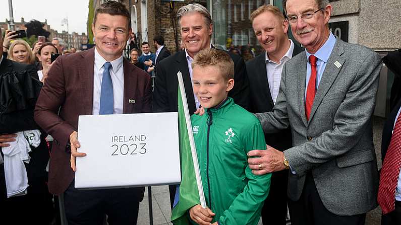 1 June 2017; Bid ambassador Brian ODriscoll, left, Ireland 2023 Oversight Board member Dick Spring, right, and Bid Kid Alex Place hand over the IRFU Rugby bid submission for the 2023 Rugby World Cup to Brett Gosper, CEO, World Rugby and Alan Gilpin, Head of Rugby World Cup, on June 1, 2017 in Dublin, Ireland. Photo by Sam Barnes/Sportsfile