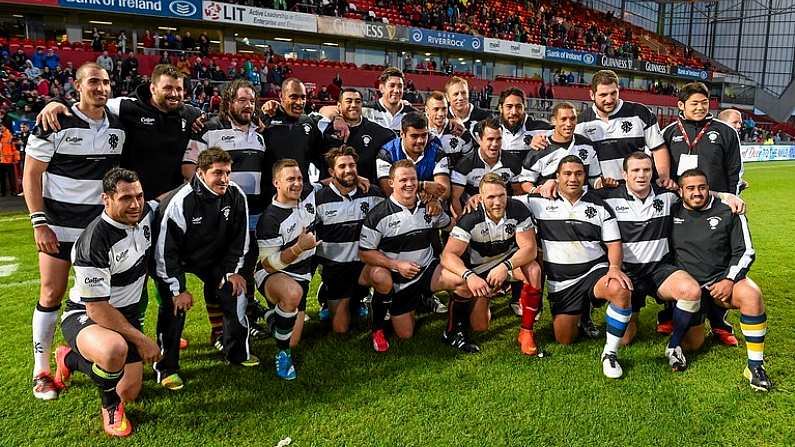 28 May 2015; The Barbarians squad celebrate after victory over Ireland. International Rugby Friendly, Ireland v Barbarians. Thomond Park, Limerick. Picture credit: Diarmuid Greene / SPORTSFILE