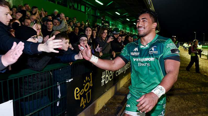 27 October 2017; Bundee Aki of Connacht celebrates with supporters after the Guinness PRO14 Round 7 match between Connacht and Munster at The Sportsground in Galway. Photo by Diarmuid Greene/Sportsfile