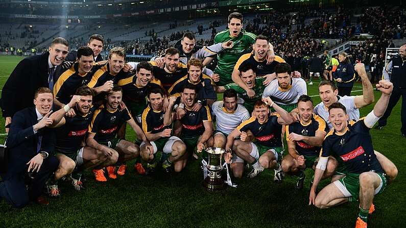 21 November 2015; The Ireland squad celebrate after the game. EirGrid International Rules Test 2015, Ireland v Australia. Croke Park, Dublin. Picture credit: Piaras O Midheach / SPORTSFILE