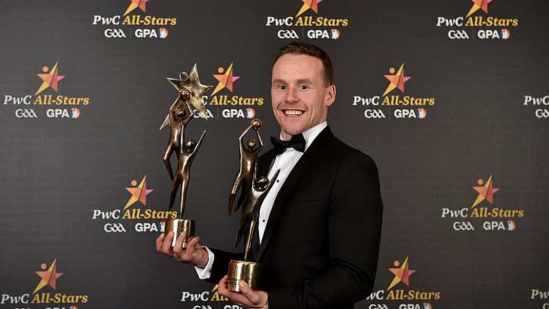 3 November 2017; Mayo footballer Andy Moran pictured with his Footballer of the Year and PwC All Star awards during the PwC All Stars 2017 at the Convention Centre in Dublin. Photo by Seb Daly/Sportsfile