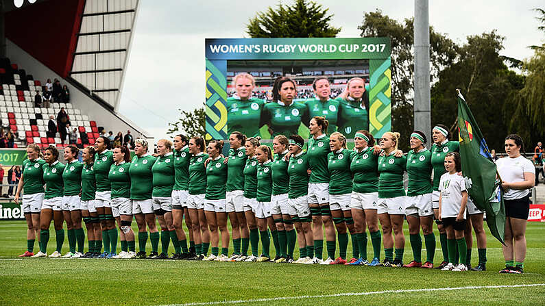 26 August 2017; The Ireland squad during the anthems in the 2017 Women's Rugby World Cup, 7th Place Play-Off between Ireland and Wales at Kingspan Stadium in Belfast. Photo by Oliver McVeigh/Sportsfile