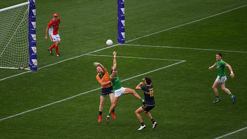 12 November 2017; Robbie Tarrant of Australia, 12, and Conor McManus of Ireland, right, look on as the Australian goalkeeper Brendon Goodard clears under pressure from Michael Murphy of Ireland during the Virgin Australia International Rules Series 1st test at the Adelaide Oval in Adelaide, Australia. Photo by Ray McManus/Sportsfile