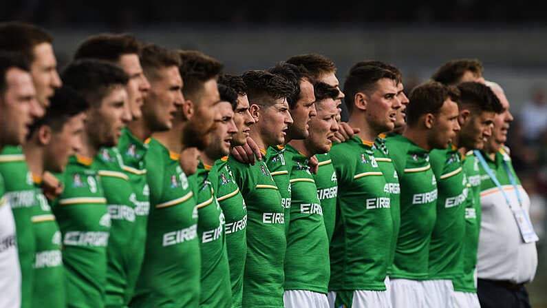 18 November 2017; Darren Hughes and his Ireland teammates stand for the anthem during the Virgin Australia International Rules Series 2nd test at the Domain Stadium in Perth, Australia. Photo by Ray McManus/Sportsfile