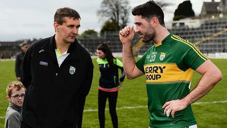 2 April 2017; Bryan Sheehan of Kerry in conversation with former Kerry footballer and current selector Maurice Fitzgerald following the Allianz Football League Division 1 Round 7 match between Kerry and Tyrone at Fitzgerald Stadium in Killarney, Co Kerry. Photo by Cody Glenn/Sportsfile