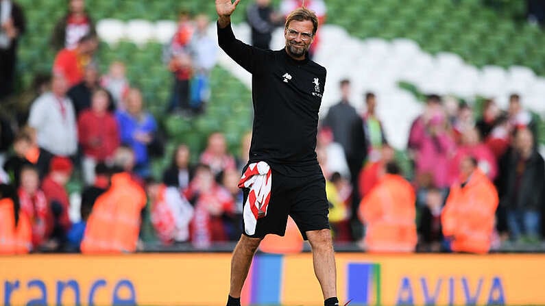 5 August 2017; Liverpool manager Jurgen Klopp waves to supporters after the International Club soccer match between Liverpool and Athletic Bilbao at the Aviva Stadium in Dublin. Photo by Eoin Noonan/Sportsfile