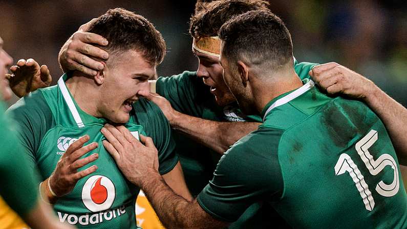 25 November 2017; Jacob Stockdale of Ireland celebrates after scoring his side's first try with teammates Rob Kearney and Peter OMahony during the Guinness Series International match between Ireland and Argentina at the Aviva Stadium in Dublin. Photo by Piaras O Midheach/Sportsfile