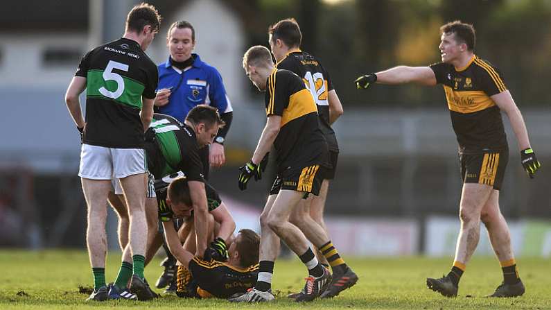 26 November 2017; Players from both side's tussle during the AIB Munster GAA Football Senior Club Championship Final match between Dr. Crokes and Nemo Rangers at Pairc Ui Rinn in Cork. Photo by Eoin Noonan/Sportsfile