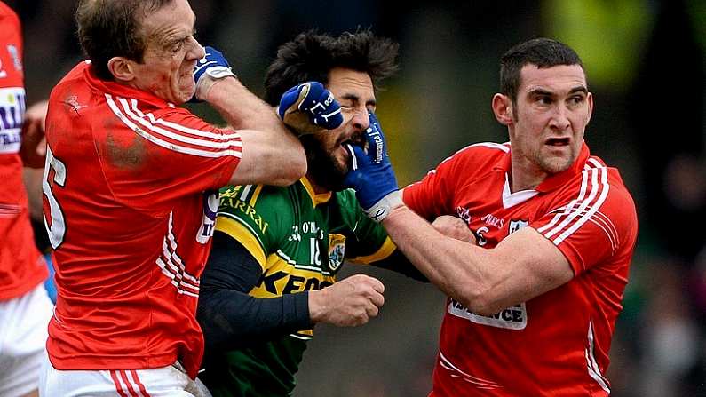 24 March 2013; Paul Galvin, Kerry, is challenged by Paudie Kissane, left, and Noel O'Leary, Cork. Allianz Football League, Division 1, Kerry v Cork, Austin Stack Park, Tralee, Co. Kerry. Picture credit: Brendan Moran / SPORTSFILE