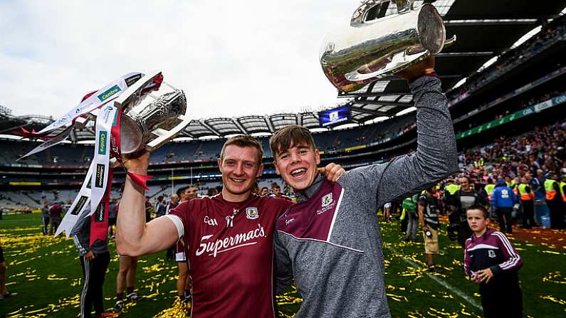 3 September 2017; Joe Canning of the Galway senior team and his nephew Jack Canning of the Galway minor team celebrate their respective All-Ireland victories following the GAA Hurling All-Ireland Senior Championship Final match between Galway and Waterford at Croke Park in Dublin. Photo by Stephen McCarthy/Sportsfile