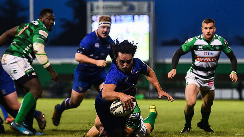 2 December 2017; James Lowe of Leinster dives over to score his side's first try during the Guinness PRO14 Round 10 match between Benetton and Leinster at the Stadio Comunale di Monigo in Treviso, Italy. Photo by Ramsey Cardy/Sportsfile