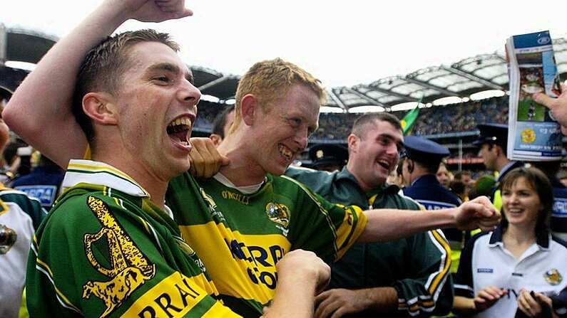 26 September 2004; Kerry players, l to r, Marc O Se, Colm Cooper and Kieran Cremin celebrate after victory over Mayo. Bank of Ireland All-Ireland Senior Football Championship Final, Kerry v Mayo, Croke Park, Dublin. Picture credit; Brendan Moran / SPORTSFILE