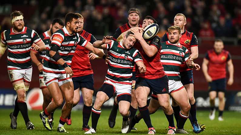 10 December 2016; Niall Scannell of Munster wins possession ahead of Tom Brady of Leicester Tigers during the European Rugby Champions Cup Pool 1 Round 3 match between Munster and Leicester Tigers at Thomond Park in Limerick. Photo by Diarmuid Greene/Sportsfile