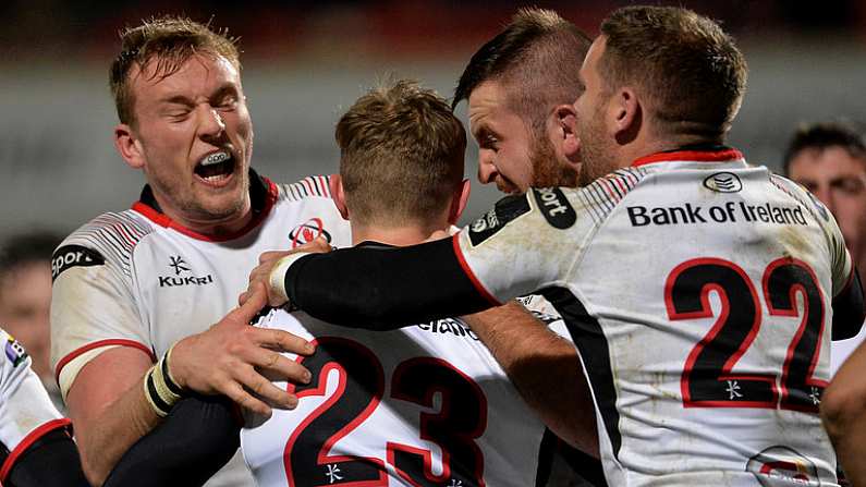 24 November 2017; Andrew Trimble, 23, of Ulster celebrates with team-mates after scoring his side's second try during the Guinness PRO14 Round 9 match between Ulster and Benetton at Kingspan Stadium in Belfast. Photo by Oliver McVeigh/Sportsfile