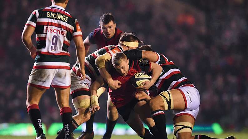 17 December 2016; Keith Earls of Munster is tackled by Brendon O'Connor, left, and Mike Williams of Leicester Tigers during the European Rugby Champions Cup Pool 1 Round 4 match between Leicester Tigers and Munster at Welford Road Stadium in Leicester, England. Photo by Diarmuid Greene/Sportsfile