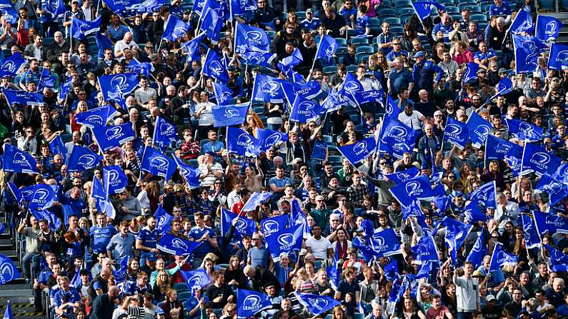 14 October 2017; Leinster supporters celebrate a try during the European Rugby Champions Cup Pool 3 Round 1 match between Leinster and Montpellier at the RDS Arena in Dublin. Photo by Ramsey Cardy/Sportsfile