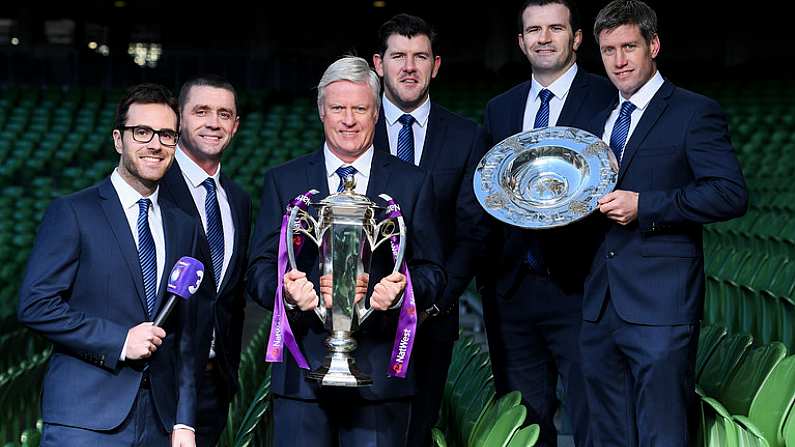 8 December 2017; TV3 announced it's presentation team and panel for it's coverage of the NatWest Six Nations 2018. The presentation team will be anchored by Joe Molloy. TV3s panellists will include Ronan OGara, Shane Horgan, Shane Jennings and Matt Williams. Alan Quinlan will join Dave McIntyre as part of the commentary team. TV3 holds the exclusive rights to the NatWest Six Nations for the next four years. At a launch event held in the Aviva Stadium when TV3 introduced the presentation team and panel for its exclusive coverage of the NatWest Six Nations 2018. are from left, presenter Joe Molloy, Alan Quinlan, Matt Williams, Shane Horgan, Shane Jennings and Ronan O'Gara. Photo by Brendan Moran/Sportsfile