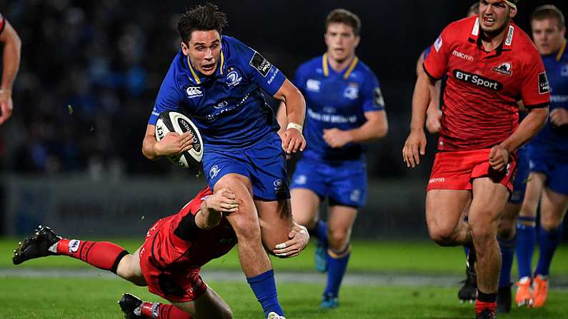 29 September 2017; Joey Carbery of Leinster is tackled by Nathan Fowles of Edinburgh during the Guinness PRO14 Round 5 match between Leinster and Edinburgh at the RDS Arena in Dublin. Photo by Brendan Moran/Sportsfile