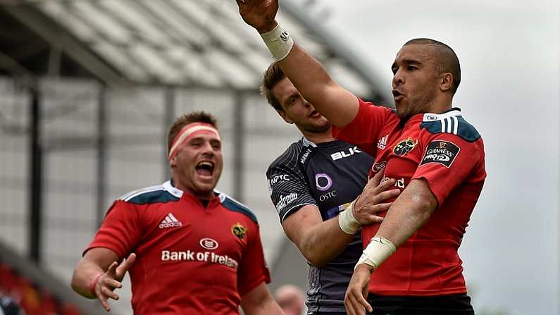 23 May 2015; Simon Zebo, Munster, celebrates scoring his side's first try with teammate CJ Stander. Guinness PRO12 Play-Off, Munster v Ospreys. Thomond Park, Limerick.  Picture credit: Brendan Moran / SPORTSFILE