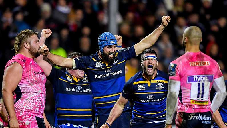 10 December 2017; Scott Fardy of Leinster, left, celebrates with teammate Fergus McFadden after their side's second try during the European Rugby Champions Cup Pool 3 Round 3 match between Exeter Chiefs and Leinster at Sandy Park in Exeter, England. Photo by Brendan Moran/Sportsfile