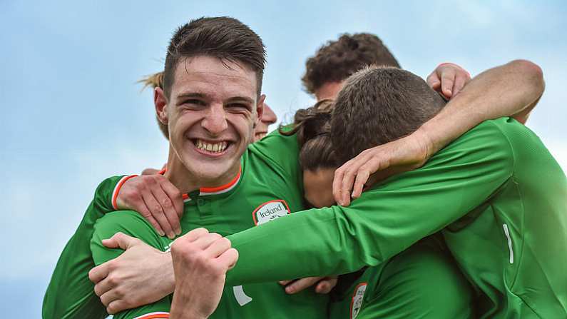 9 October 2017; Declan Rice of Republic of Ireland celebrates with his team-mates after Reece Grego-Cox's hatrick against Israel during the UEFA European U21 Championship Qualifier match between Republic of Ireland and Israel at Tallaght Stadium in Dublin. Photo by Matt Browne/Sportsfile