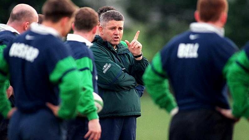 2 February 1999; Ireland rugby coach Warren Gatland has a few words with his players. Ireland Rugby Squad Training, Dr Hickey Park, Greystones, Co. Wicklow. Picture credit: Brendan Moran / SPORTSFILE