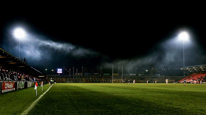 25 March 2017; A general view of smoke from chimmneys bellowing over the floodlights during the Allianz Football League Division 3 Round 6 game between Armagh and Antrim at Athletic Grounds in Armagh. Photo by Oliver McVeigh/Sportsfile