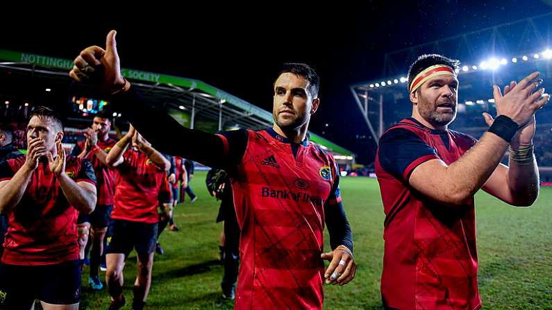 17 December 2017; Conor Murray, centre, and Jean Kleyn of Munster celebrate after the European Rugby Champions Cup Pool 4 Round 4 match between Leicester Tigers and Munster at Welford Road in Leicester, England. Photo by Brendan Moran/Sportsfile