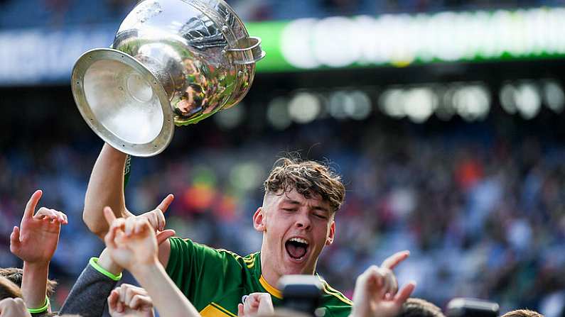 17 September 2017; Kerry captain David Clifford celebrates with the Tom Markham cup after the Electric Ireland GAA Football All-Ireland Minor Championship Final match between Kerry and Derry at Croke Park in Dublin. Photo by Ray McManus/Sportsfile