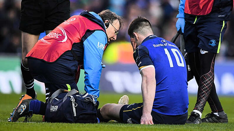 16 December 2017; Jonathan Sexton of Leinster with Leinster team doctor Prof John Ryan during the European Rugby Champions Cup Pool 3 Round 4 match between Leinster and Exeter Chiefs at the Aviva Stadium in Dublin. Photo by Brendan Moran/Sportsfile