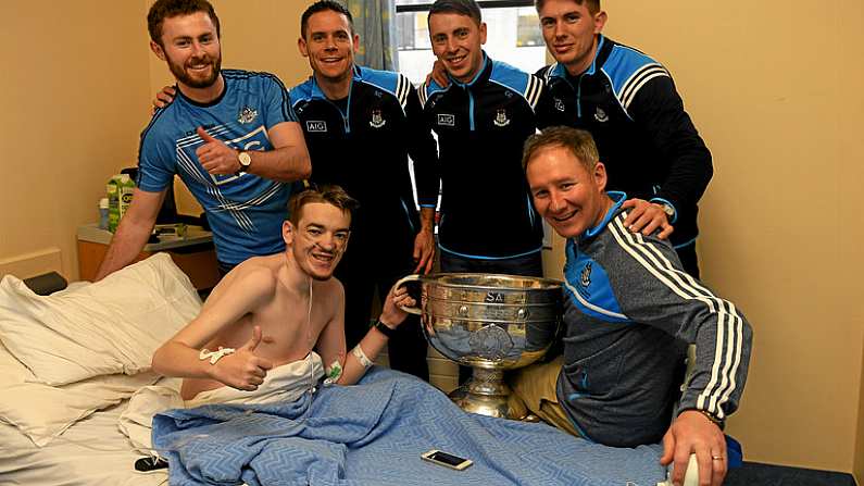 25 December 2017; Dublin manager Jim Gavin, captain Stephen Cluxton, Jack McCaffrey, Cormac Costello, Michael Fitzsimons with Anthony McCormack, from Donaghmede, Dublin, and the Sam Maguire Cup  during the Dublin Football team visit to Beaumont Hospital in Dublin. Photo by Ray McManus/Sportsfile