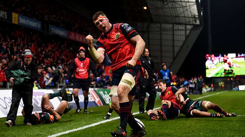 9 December 2017; Peter O'Mahony of Munster celebrates after scoring his side's third try during the European Rugby Champions Cup Pool 4 Round 3 match between Munster and Leicester Tigers at Thomond Park in Limerick. Photo by Stephen McCarthy/Sportsfile