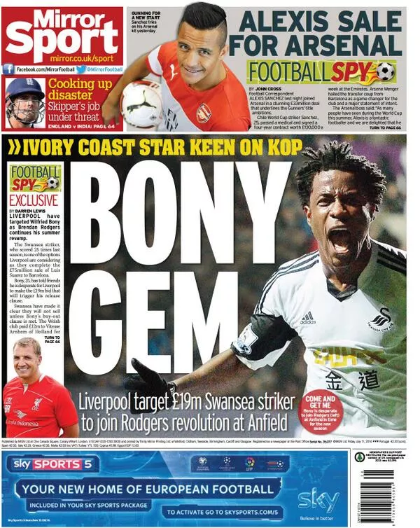 Mirror Football - This morning's Sunday Mirror back page