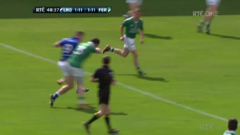 GIF: Fermanagh Fullback Nearly Sends Laois Midfielder Into Next Week With Huge Shoulder