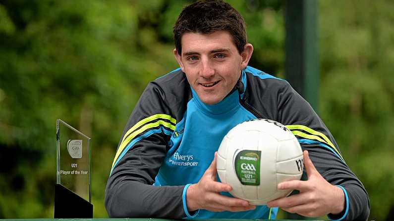 11 June 2015; Tipperary footballer Colin ORiordan with his award after being named the EirGrid GAA U21 Player of the Year award. Herbert Park Hotel, Dublin. Picture credit: Brendan Moran / SPORTSFILE *** NO REPRODUCTION FEE ***