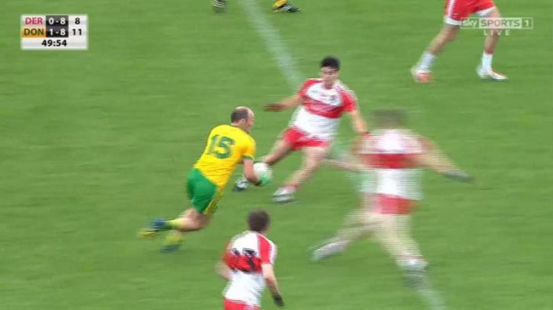 GIF: Derry's Niall Holly Nails Donegal's Colm McFadden With A Monster, Turnover-Creating Hit
