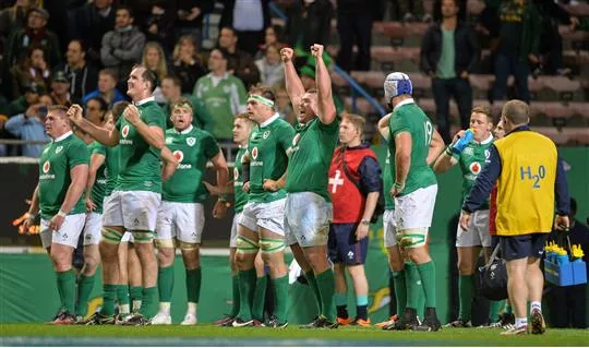 The Irish bench celebrate at the full-time whistle